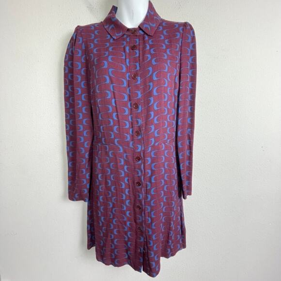 Reformation‎ Hugh Dress Size 8 Button Up MiniMaroon Blue Retro Print Long Sleeve - Picture 1 of 7